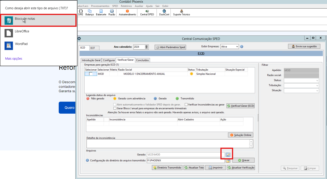 Interface da Central de comunicação SPED no Contábil destacando o ícone de pasta e a seleção do Bloco de notas para abrir o arquivo.