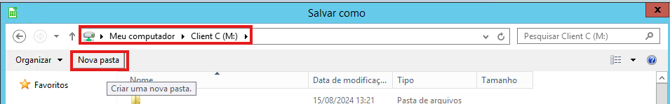 Detalhe da janela Salvar como no diretório 'Client C (M:)' com destaque para o botão 'Nova pasta' na barra de ferramentas superior.