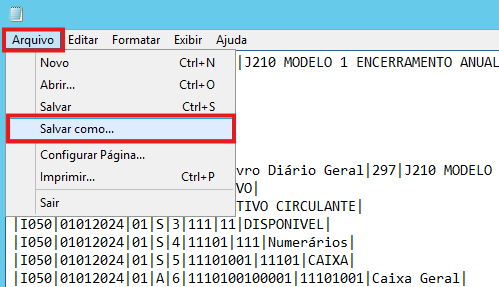 Menu arquivo do Bloco de notas com ênfase na opção 'Salvar como...' para exportar o conteúdo do arquivo digital gerado.