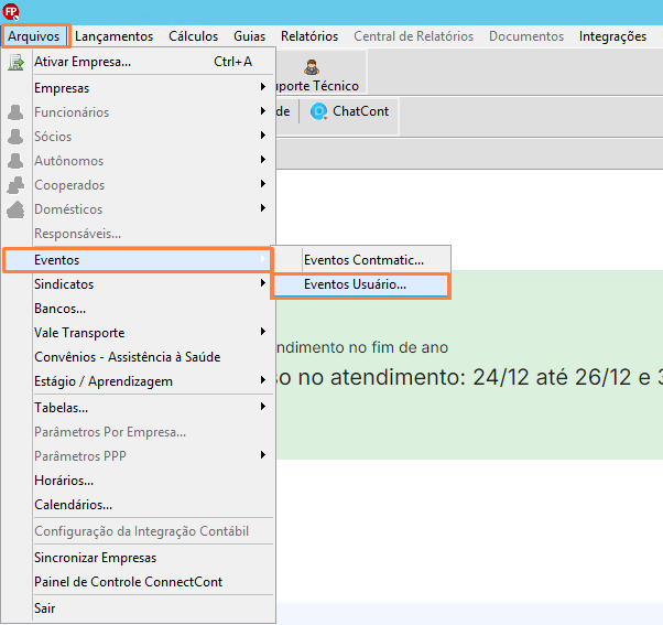 Menu principal do sistema exibindo o caminho 'Arquivos', seguido por 'Eventos' e a seleção do submenu 'Eventos usuário'.