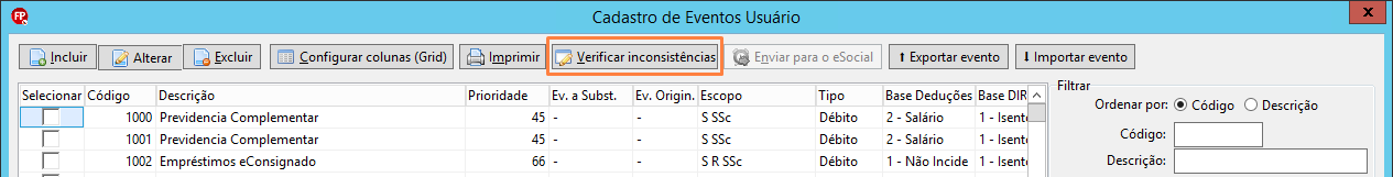 Tela 'Cadastro de Eventos usuário' destacando o botão 'Verificar inconsistências' na barra de ferramentas superior.