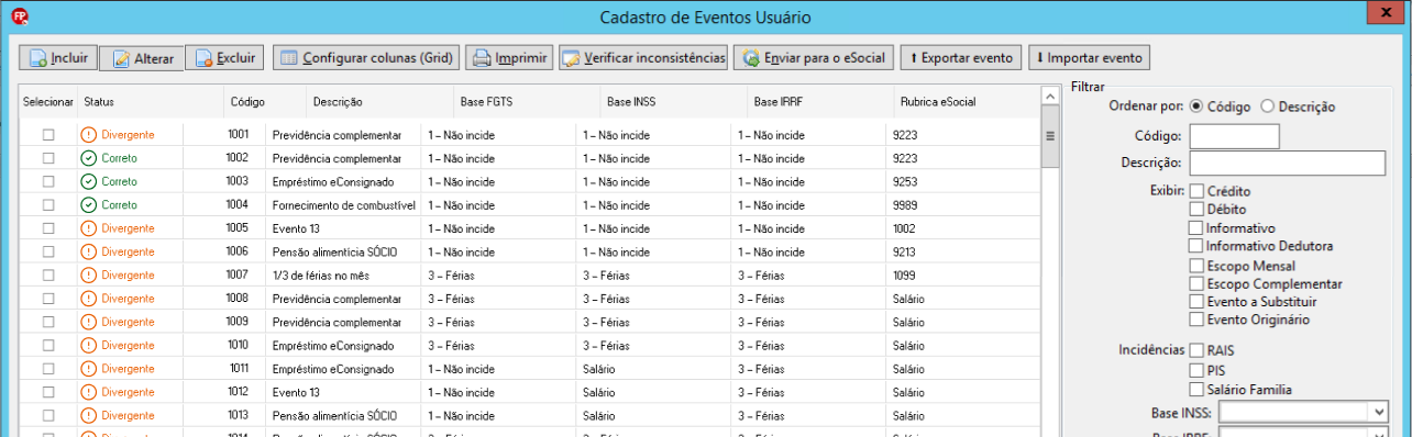 Tela 'Cadastro de Eventos usuário' listando rubricas com a coluna Status indicando itens como 'Divergente' ou 'Correto'.