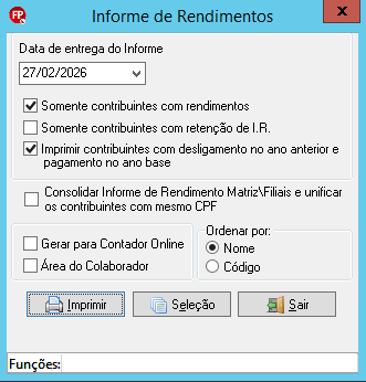 Janela de configuração do Informe de rendimentos com opções de filtro e ordenação, destacando o botão Imprimir.