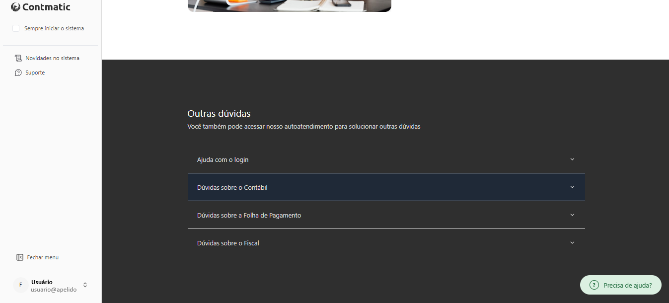 Seção de autoatendimento 'Outras dúvidas' listando categorias expansíveis de ajuda para login e módulos Contábil, Folha de pagamento e Fiscal.
