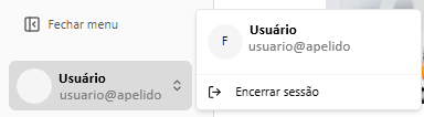 Menu de opções do perfil de usuário expandido na interface, exibindo a identificação da conta e o botão 'Encerrar sessão' para sair do sistema.