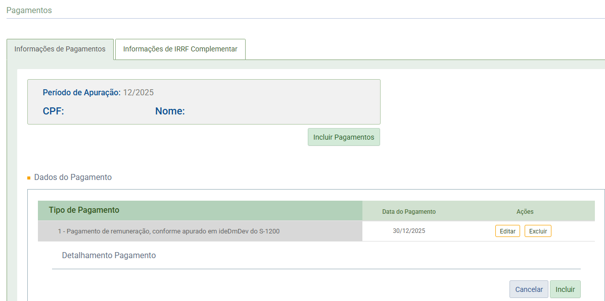 Tela de 'Informações de pagamentos' listando o tipo de pagamento de remuneração, com data e botões de ação 'Editar' e 'Excluir'.