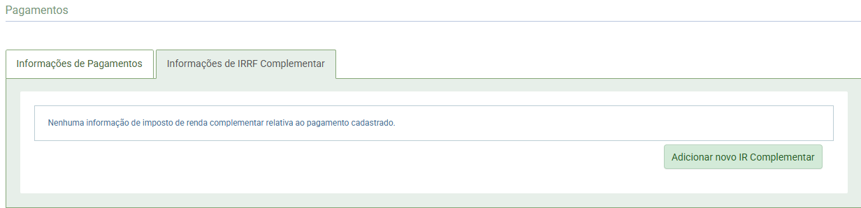 Aba 'Informações de IRRF complementar' exibindo mensagem de ausência de dados e botão 'Adicionar novo IR complementar'.