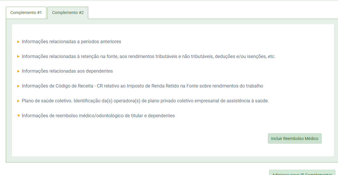 Lista de seções de informações complementares, com destaque para o botão 'Incluir reembolso médico' ao final da lista.
