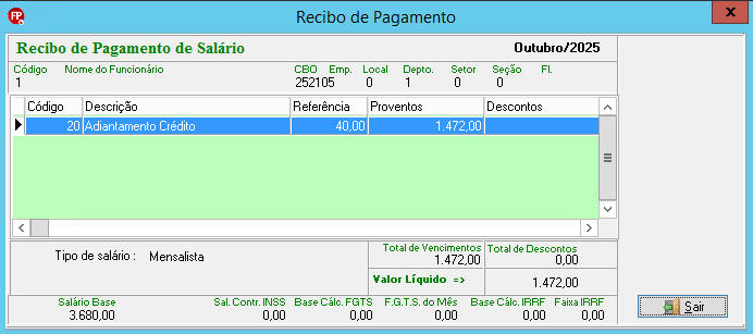 Tela de recibo de pagamento de salário de outubro de 2025, exibindo o evento de código 20 adiantamento crédito com valor de provento de 1.472,00.