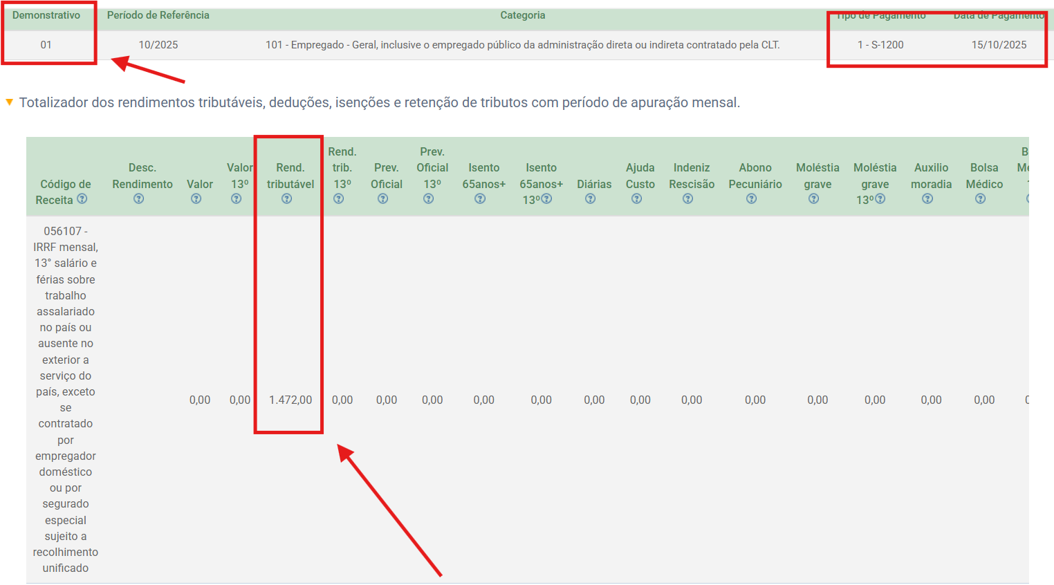 Tela do totalizador no eSocial destacando o demonstrativo 01, data de pagamento em 15/10/2025 e rendimento tributável de 1.472,00.