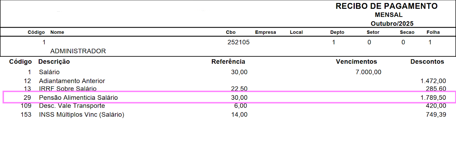 Exibe recibo de pagamento mensal destacando o desconto da rubrica '29 - Pensão alimentícia salário' no valor de 1.789,50.