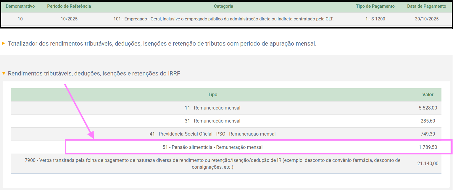 Tela do portal eSocial exibindo o totalizador de rendimentos, destacando a linha '51 - Pensão alimentícia' com o valor de 1.789,50.