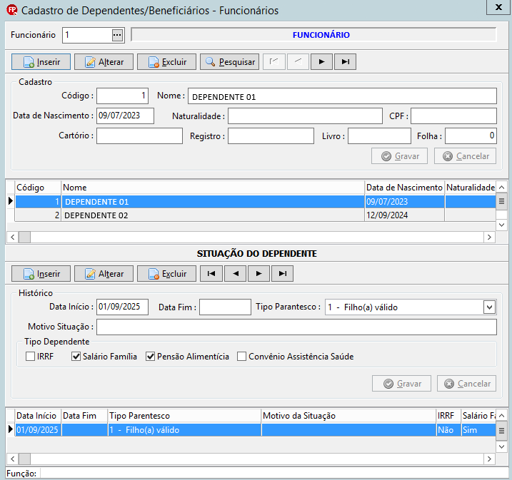 Tela de cadastro de dependentes exibindo os dados pessoais do 'Dependente 01' e as configurações de histórico e parentesco.