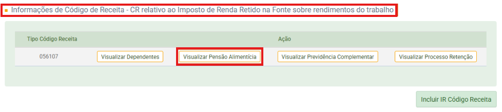 Seção Informações de código de receita com destaque no botão Visualizar pensão alimentícia, localizado nas ações do registro.