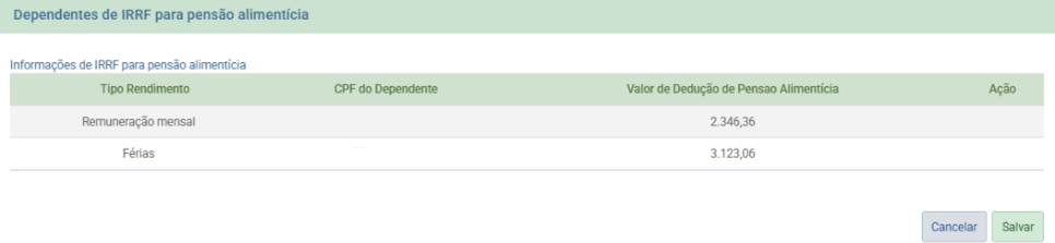 Janela Dependentes de IRRF detalhando os tipos de rendimento, como remuneração mensal e férias, com seus respectivos valores de dedução.