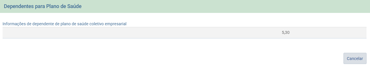 Tela 'Dependentes para plano de saúde' apresentando o vínculo do dependente com o plano empresarial e o valor correspondente.