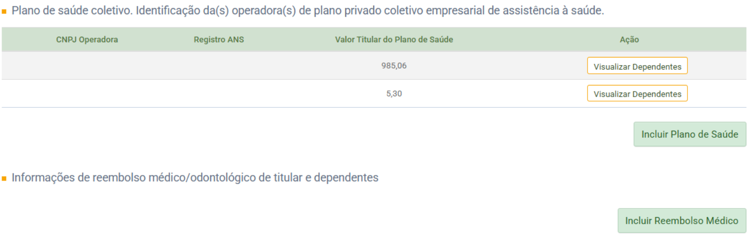 Grade de identificação das operadoras de plano de saúde com CNPJ e valores, exibindo botões para incluir plano e reembolso médico.