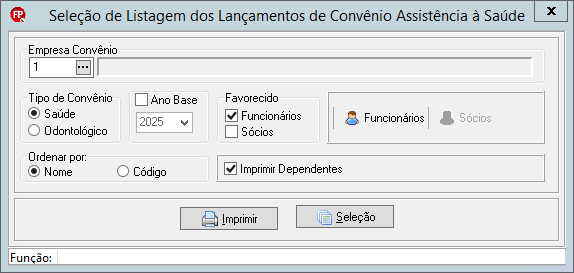 Janela de seleção para listagem de lançamentos de convênio saúde, contendo filtros de empresa, ano base e tipo de favorecido.