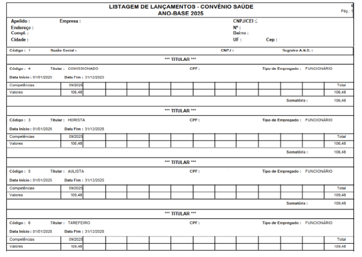 Relatório de 'Listagem de lançamentos - Convênio saúde' detalhando funcionários, competências e valores referentes ao ano base.