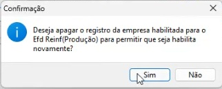 Tela com a mensagem apresentada para apagar o registro da empresa habilitada, permitindo a reabilitação.