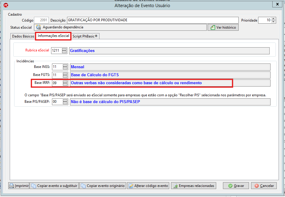 Tela de cadastro de eventos na aba Informações eSocial, destacando a incidência de base IRRF configurada com o código 09.