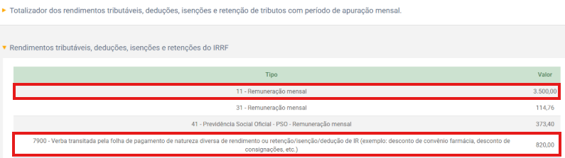 Totalizador de rendimentos exibindo valores nos tipos 11 de remuneração mensal e 7900 de verba transitada pela folha.