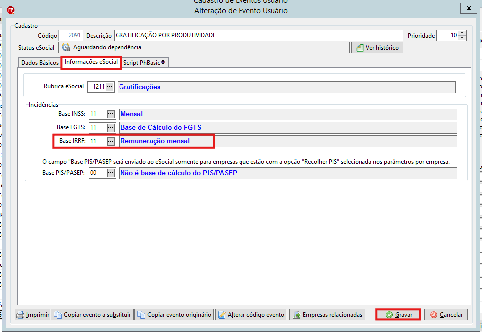 Tela de cadastro de eventos na aba Informações eSocial, destacando a incidência de base IRRF alterada para o código 11.