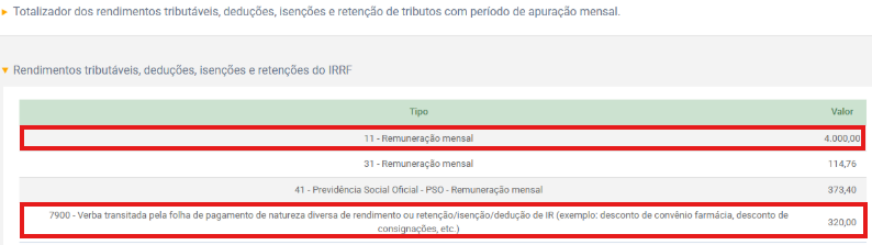 Totalizador de rendimentos atualizado, exibindo os novos valores somados para a Remuneração mensal e para a Verba transitada.