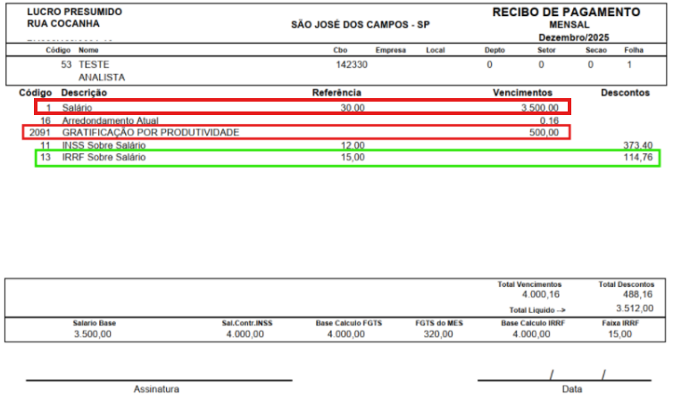 Recibo de pagamento mensal destacando os vencimentos de salário e gratificação, além do desconto de IRRF sobre salário.