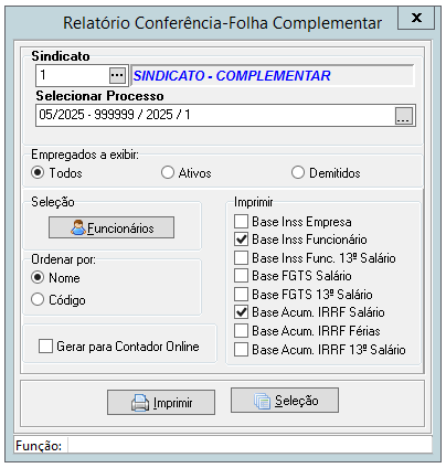Janela de configuração do Relatório conferência com a opção Base acum. IRRF salário selecionada nas opções de impressão.