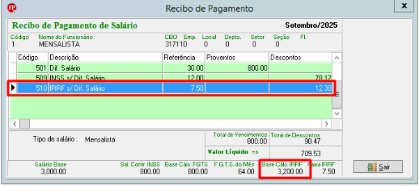 Recibo de pagamento detalhando o evento '510 IRRF s/ Dif. salário' e destaque no campo 'Base cálc. IRRF' com o valor de 3.200,00.