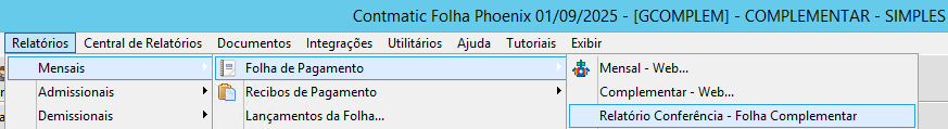 Menu Relatórios do sistema com o caminho Mensais e Folha de pagamento expandidos, destacando a opção 'Relatório conferência - Folha complementar'.