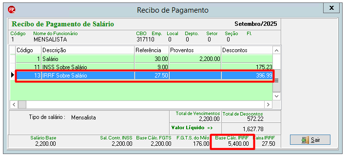 Recibo de pagamento exibindo o evento '13 IRRF sobre salário' e destaque no campo 'Base cálc. IRRF' com valor acumulado de 5.400,00.