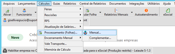 Captura de tela do menu: aba Cálculos, cursor em Processamento (Folhas) selecionando a opção Mensal.