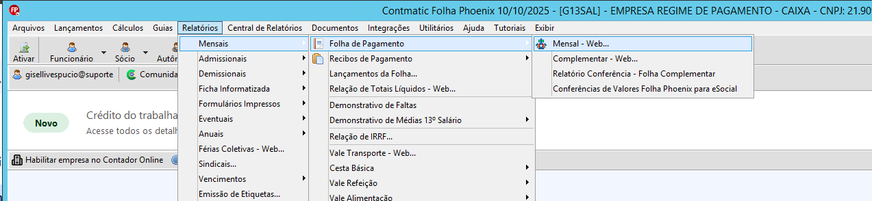 Menu Relatórios, opções selecionadas em sequência: Mensais > Folha de Pagamento > Mensal - Web.