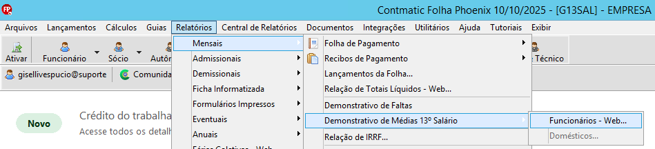 Menu Relatórios > Mensais > Demonstrativo de Médias 13º Salário > Funcionários - Web.