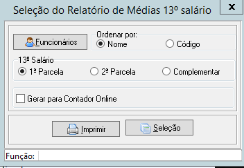 Aqui está uma sugestão de texto alternativo para a sexta imagem, dentro do limite de 150 caracteres:  Janela 'Seleção do Relatório de Médias 13º salário'. Botão 'Funcionários' e opção '1ª Parcela' selecionados. Botões de ação Imprimir e Seleção.