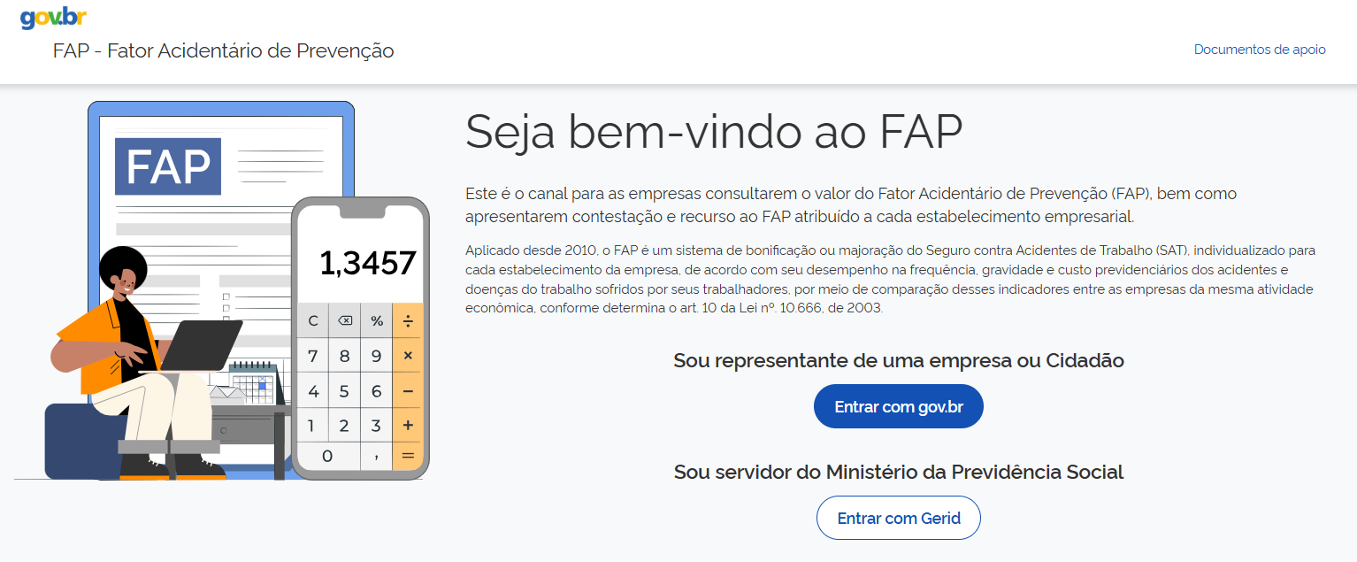 Tela do portal Gov.br para consulta do Fator Acidentário de Prevenção (FAP), com opções de login para empresas e servidores.