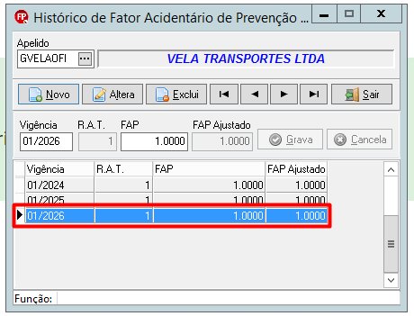 Janela de histórico do FAP exibindo o novo registro com vigência 01/2026 já salvo na lista inferior, destacado por um retângulo vermelho.