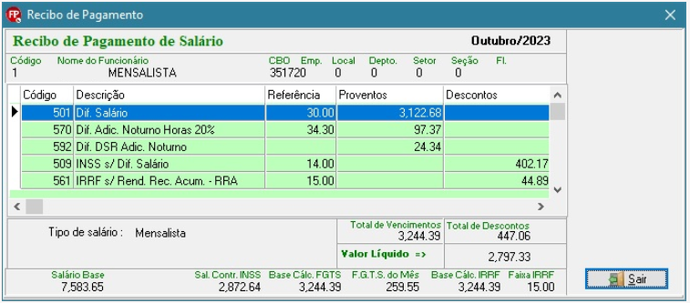 Recibo de pagamento de outubro/2023 exibindo diferenças salariais e o desconto do evento 561, referente ao IRRF sobre RRA.
