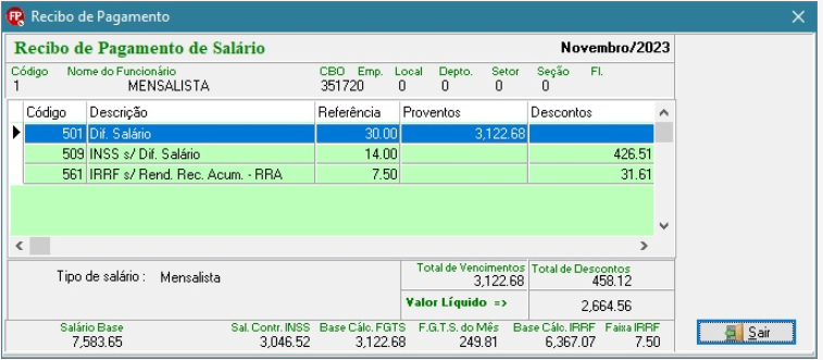 Recibo de pagamento de novembro/2023 apresentando diferença de salário e o respectivo desconto de IRRF sobre RRA no evento 561.