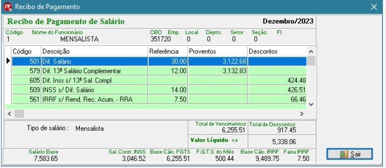 Recibo de pagamento de dezembro/2023 detalhando a diferença de 13º salário e o desconto do evento 561 de IRRF sobre RRA.