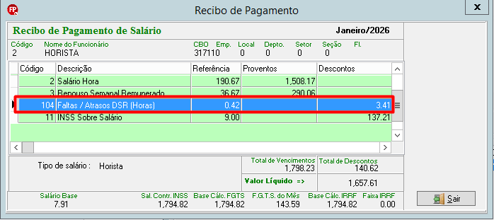 Recibo de pagamento (Janeiro/2026). Destaque vermelho na rubrica 104 "Faltas / Atrasos DSR" com referência 0.42 e desconto de 3.41.