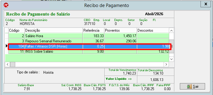 Recibo de pagamento (Abril/2026). Destaque vermelho na rubrica 104 "Faltas / Atrasos DSR" mostrando referência 0.25 e desconto de 1.98.