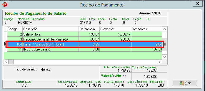 Recibo de pagamento (Abril/2026). Destaque vermelho na rubrica 104 "Faltas / Atrasos DSR" mostrando referência 0.25 e desconto de 1.98.