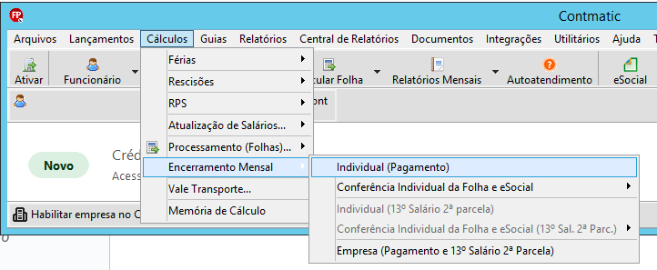 Menu 'Cálculos' expandido no sistema, com o cursor sobre 'Encerramento mensal' e seleção da opção 'Individual (pagamento)'.