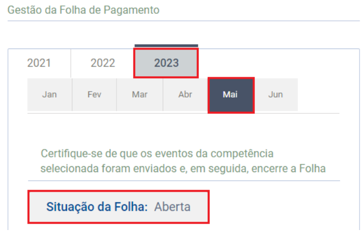 Área de Gestão da folha no portal. Destaque para o ano '2023', mês 'Mai' selecionado e a mensagem 'Situação da folha: Aberta'.