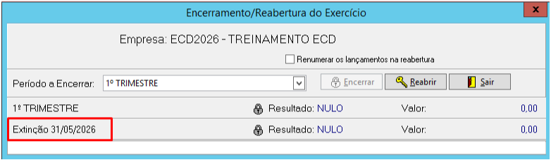Tela de Encerramento do Exercício. Mostra período "1º Trimestre" e destaca em vermelho a linha referente à "Extinção 31/05/2026".