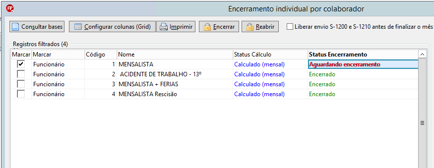 Lista de colaboradores na tela de encerramento, destacando o status 'Aguardando encerramento' na coluna correspondente.