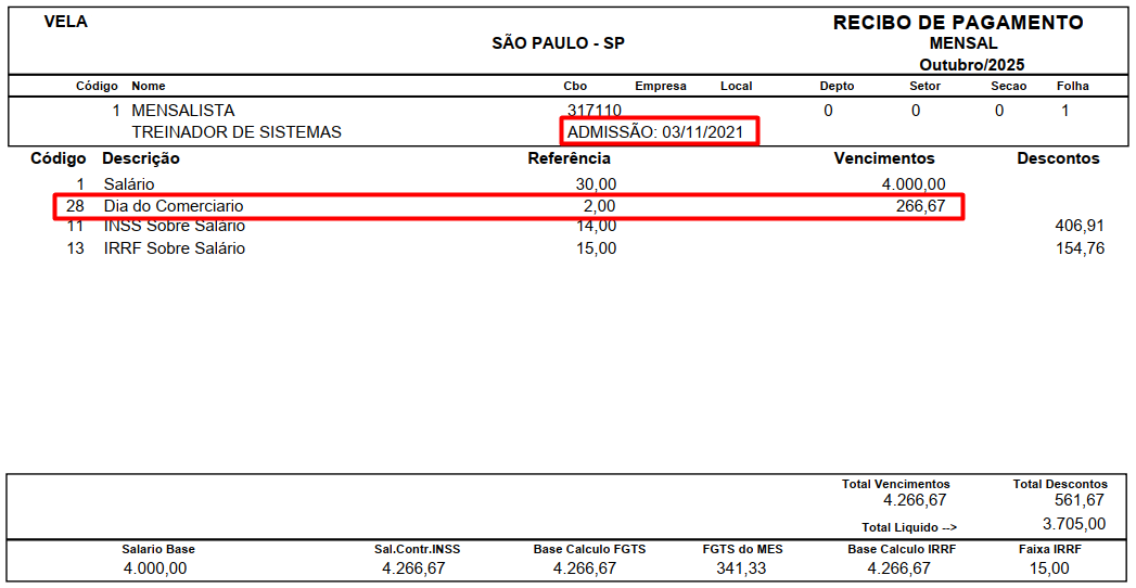 Holerite de outubro/2025 com destaques vermelhos na data de admissão (03/11/2021) e no valor pago referente ao evento "Dia do Comerciário".